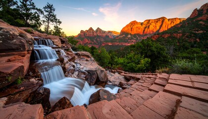 Flowing Waterfall in Scenic Landscape with Red Rock Formations at Sunset