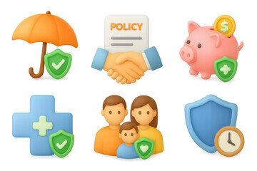 3d insurance and finance icons featuring family, health, and savings