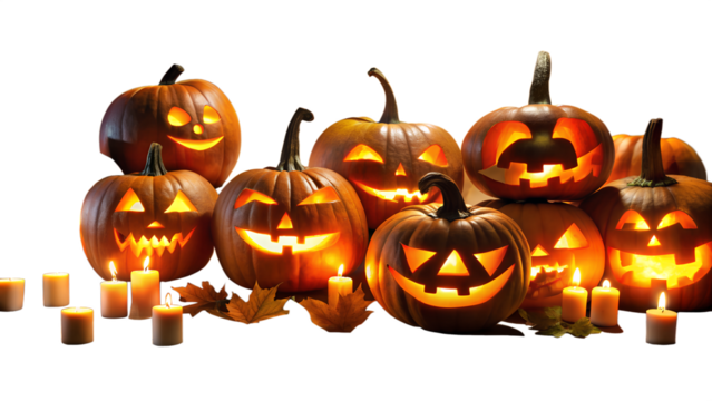 A collection of glowing carved halloween pumpkins with flickering candlelight, isolated on a transparent background