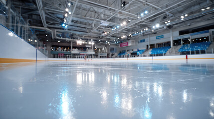 Fototapeta premium Empty indoor ice hockey rink with clear polished surface and bright arena lights, viewed from low angle emphasizing reflections and spaciousness of the venue. Selective focus.