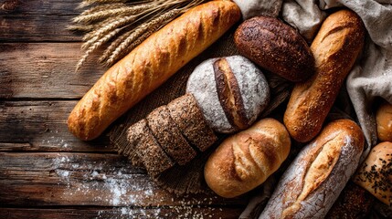 Assorted loaves of artisan bread on a rustic wooden surface