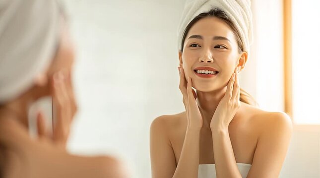 young woman in bathroom ,skin care her face