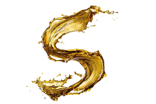 A golden liquid, in the shape of a letter 'S', with dynamic splashes and swirls