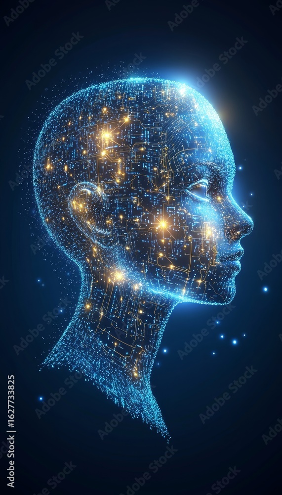 Poster futuristic digital intelligence concept with glowing circuitry in human head and neural networks