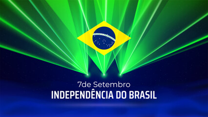 September 7, brazil independence day. Brazilian flag laser light show. National holiday. Laser beams, dj light party. Vector greetings card. Translation September 7th Independence Day