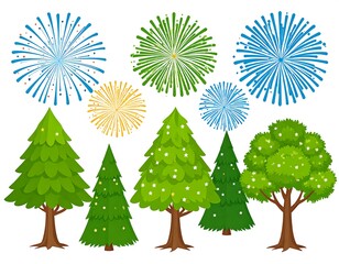 Colorful fireworks and trees
