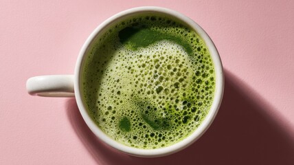 Overhead view of matcha tea with shadows on green surface. Artificial intelligence image