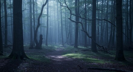 Fototapeta premium Moody Blue Forest Path with Misty Sunlight