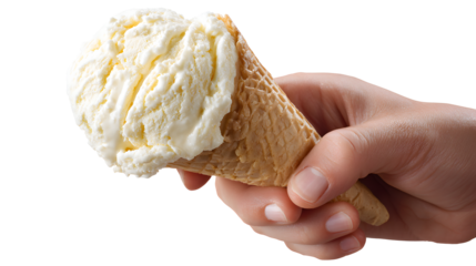 Hand holding vanilla ice cream isolated on a white background