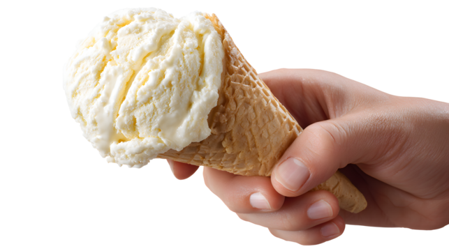 Hand holding vanilla ice cream isolated on a white background