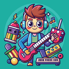 Cartoon boy playing electric guitar with musical equipment on teal background