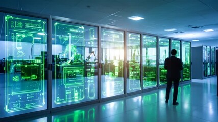 A person walks through a futuristic server room with neon green holographic displays, with servers and cables visualized - Powered by Adobe