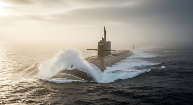 Telephoto Ohio Class SSBN Emerging from Mist with Morning Light and Waves