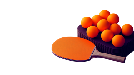 A ping pong paddle and ping pong balls on a dark surface setting on transparent background