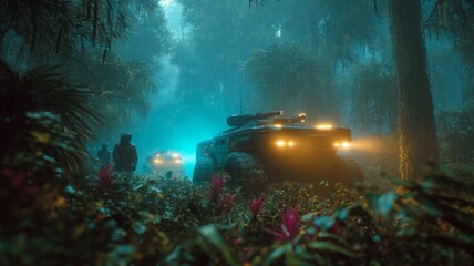 Futuristic armored vehicles in misty jungle. Artificial intelligence image