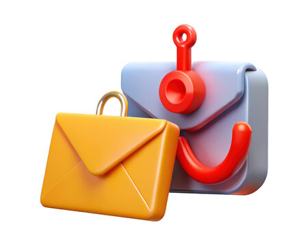 Email phishing scam concept internet security threat protection spoofing and fraudulent communication attempts 3d illustration isolated on transparent background
