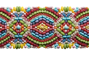 Colorful, repeating pattern of small, candy-like objects, arranged in a symmetrical, mosaic-like design, forming a horizontal band