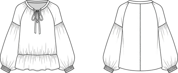 Blouse cad drawing flat vector illustration, tie neckline, raglan sleeves, elastic waist