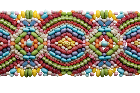 Colorful, repeating pattern of small, candy-like objects, arranged in a symmetrical, mosaic-like design, forming a horizontal band