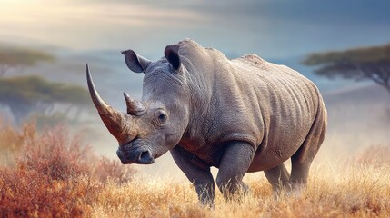 Obraz premium Majestic rhinoceros standing in African savannah at sunrise, warm golden light, strong silhouette for World Rhino Day