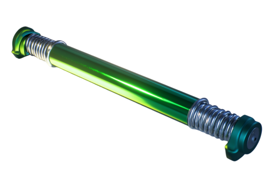 A green metallic cylinder with springs on both ends on black background on transparent background