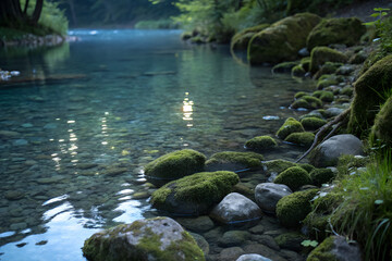 Fototapeta premium Crystal Clear River with Moss Covered Rocks water transparent