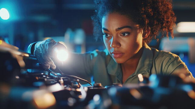 Focused female mechanic inspecting machinery with a flashlight in a dimly lit workshop, representing precision, technical skills, and hands-on engineering in a modern industrial setting.