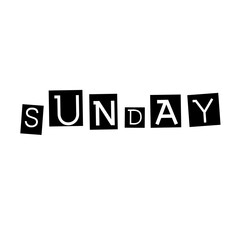 Design a striking typographic collage spelling out “SUNDAY” with each letter placed in its own square tile.