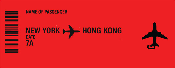 Red boarding pass reading "New York - Hong Kong"