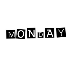 Design a striking typographic collage spelling out “MONDAY” with each letter placed in its own square tile.