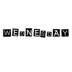 Design a striking typographic collage spelling out “WEDNESDAY” with each letter placed in its own square tile.