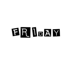 Design a striking typographic collage spelling out “FRIDAY with each letter placed in its own square tile.