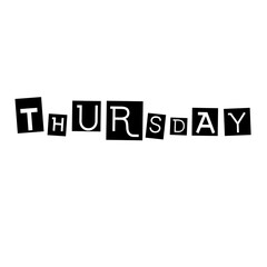 Design a striking typographic collage spelling out “THURSDAY” with each letter placed in its own square tile.