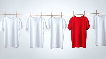 Five t-shirts, four white and one red, hanging on a clothesline