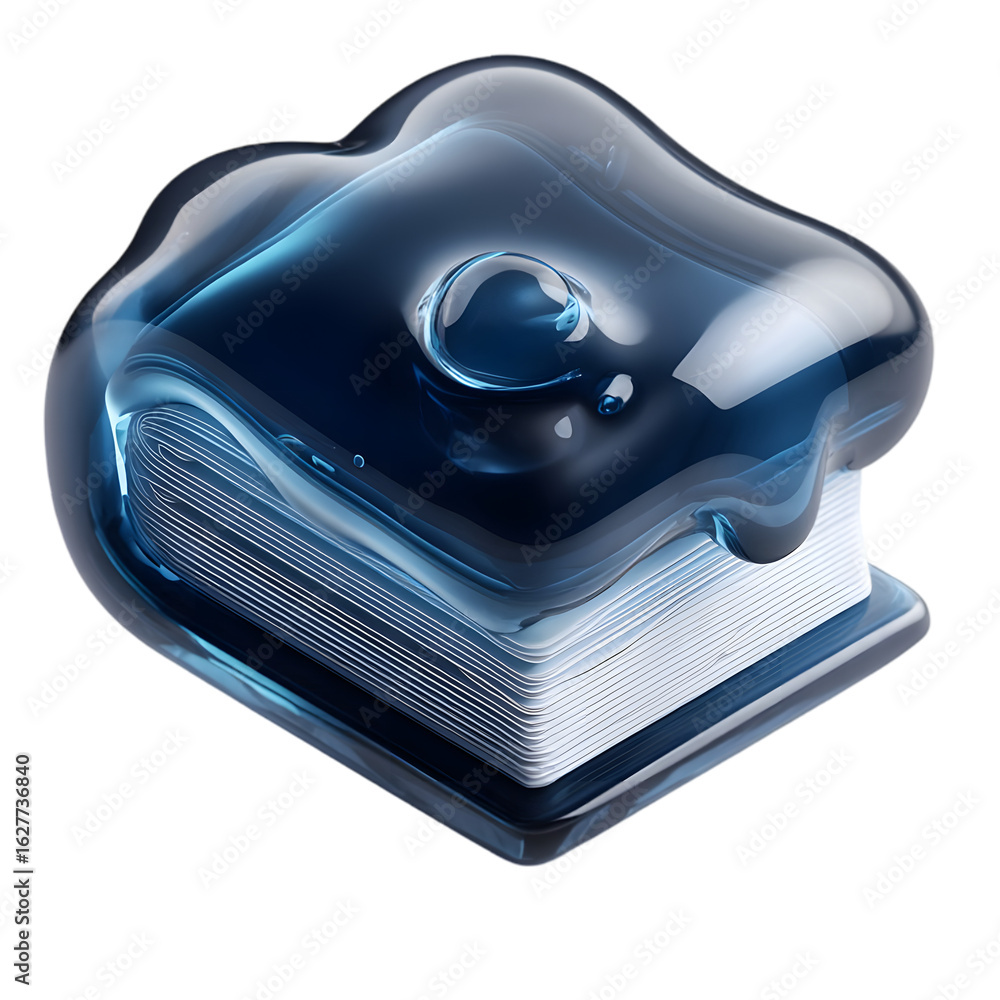 Poster glossy blue book-shaped object with a liquid appearance, showcasing a unique design for creative usa
