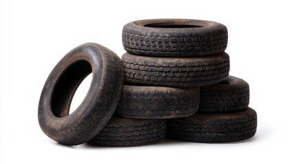 Weathered tires piled on white background. Artificial intelligence image