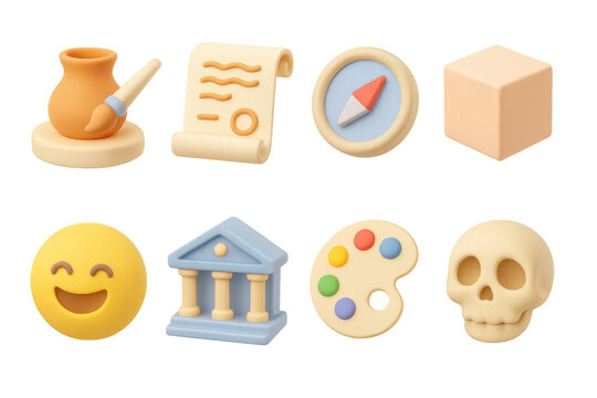 Creative 3d icons: art, navigation, emotion, and history in pastel ton