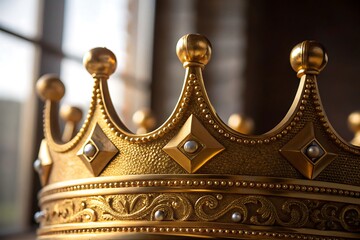 Close-up of ornate golden crown with decorative arches and pearls, luxurious royal regalia with intricate craftsmanship 