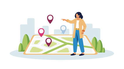 A woman pointing on a map with location pins in front of buildings and trees in a vector illustration