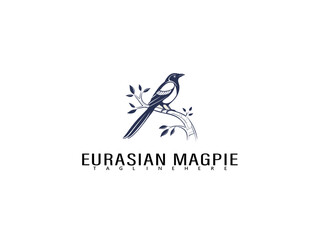 Elegant Eurasian Magpie perched on tree branch vector illustration in black and white, perfect for eco-friendly branding, wildlife label packaging, and artistic bird logo identity collections.

