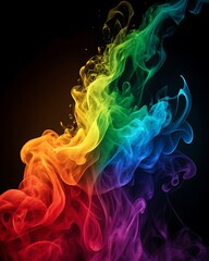 Obraz premium Rainbow-colored smoke swirling upward on black background, dreamy neon vapor trail with magical lighting effect