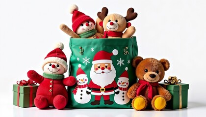 A collection of festive plush toys including a snowman, reindeer, and teddy bear, arranged around a green Christmas bag with Santa Claus design and gift boxes.
