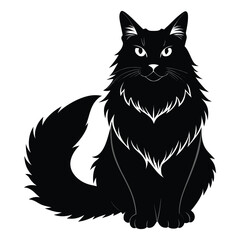 Stylized black cat sitting with fluffy fur and tail