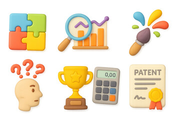 Colorful 3d icon set featuring puzzles, graphs, creativity, ideas, achievement, and innovation