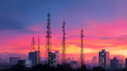 Sunset skyline with silhouetted communication towers. Artificial intelligence image