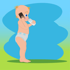 Humorous vector illustration of a baby standing in a diaper, holding a bottle of milk and talking on a smartphone. A modern look at the behavior and communication of babies.