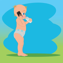 Humorous vector illustration of a baby standing in a diaper, holding a bottle of milk and talking on a smartphone. A modern look at the behavior and communication of babies.