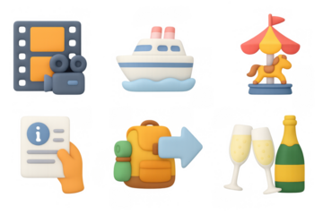 3d icons: film, travel, carnival, document, backpack, champagne
