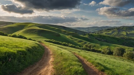 Rolling green hills under cloudy skies, distant path, peaceful countryside scenery, background for storytelling