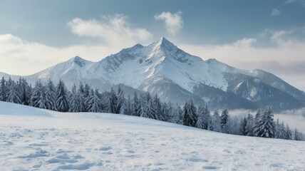 Fototapeta premium Snowy mountain landscape, soft overcast light, minimalism, white-blue color palette, winter background